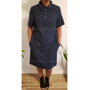Banana republic, navy pinstripe shirt , jeweled collar dress w/ pockets